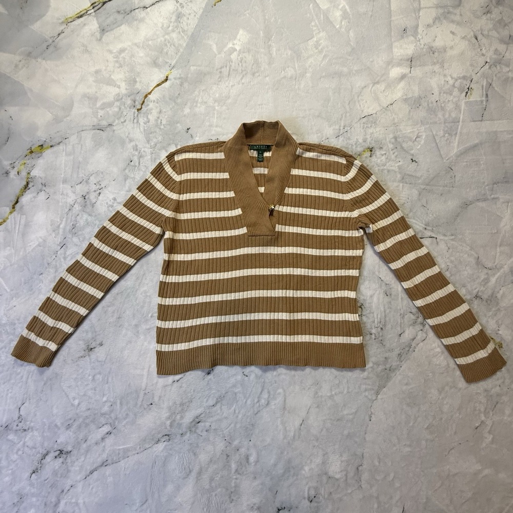 Ralph Lauren LRL Sweater Womens‎ Sz XL Brown Striped Knit V-Neck Nautical
